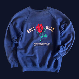 Vintage Raglan sleeve sweatshirt Embroidered with Rose and reads "East West 727 N. Broadway #115, Los Angeles, CA 90012"