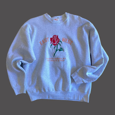 Vintage Sweatshirt with set in sleeves.  Embroidered with Rose and reads “East West 727 N. Broadway #115, Los Angeles, CA 90012”