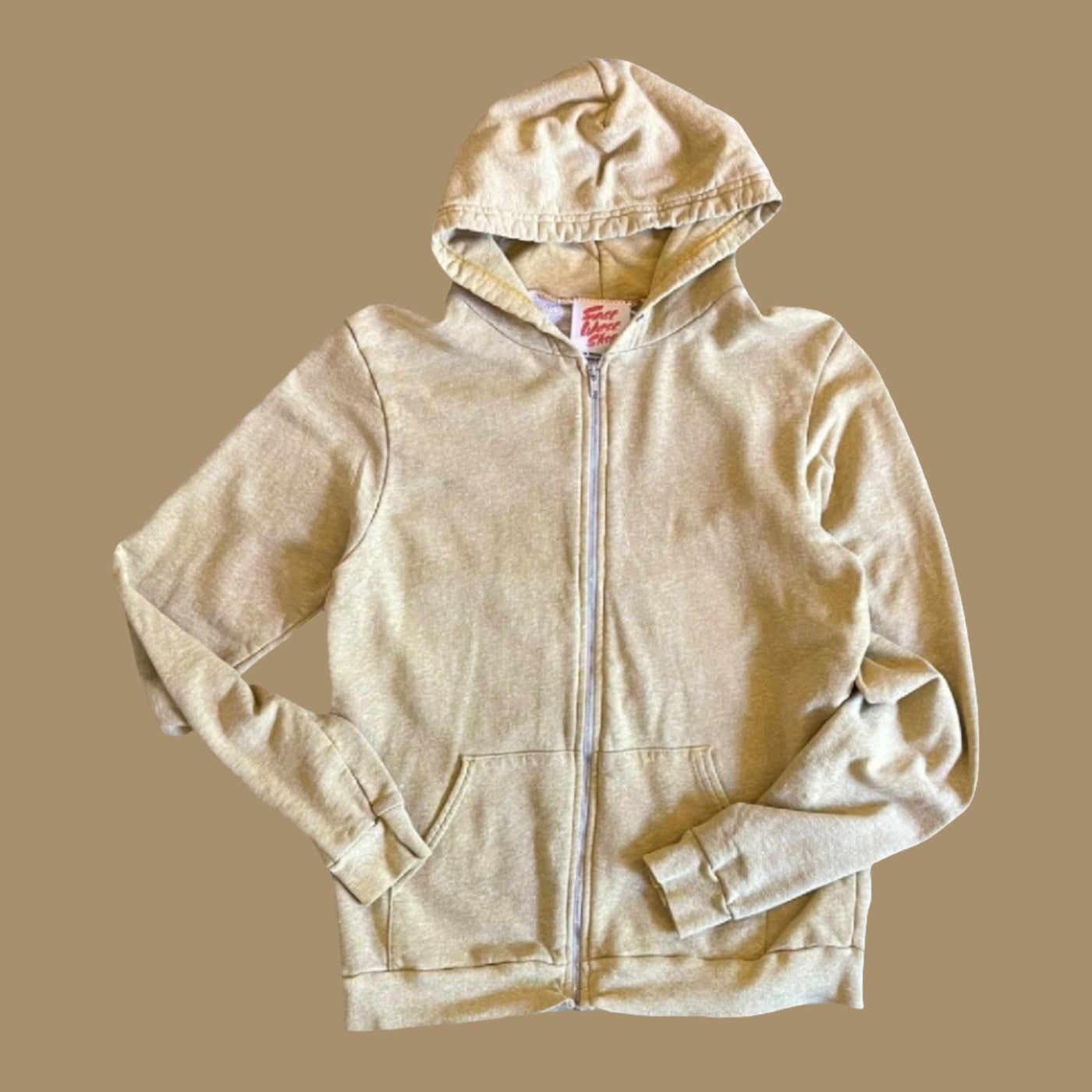 Front of Zip Hoodie in heather mustard color