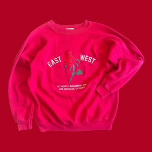 Vintage Sweatshirt with raglan sleeves.  Embroidered with Rose and reads “East West 727 N. Broadway #115, Los Angeles, CA 90012”