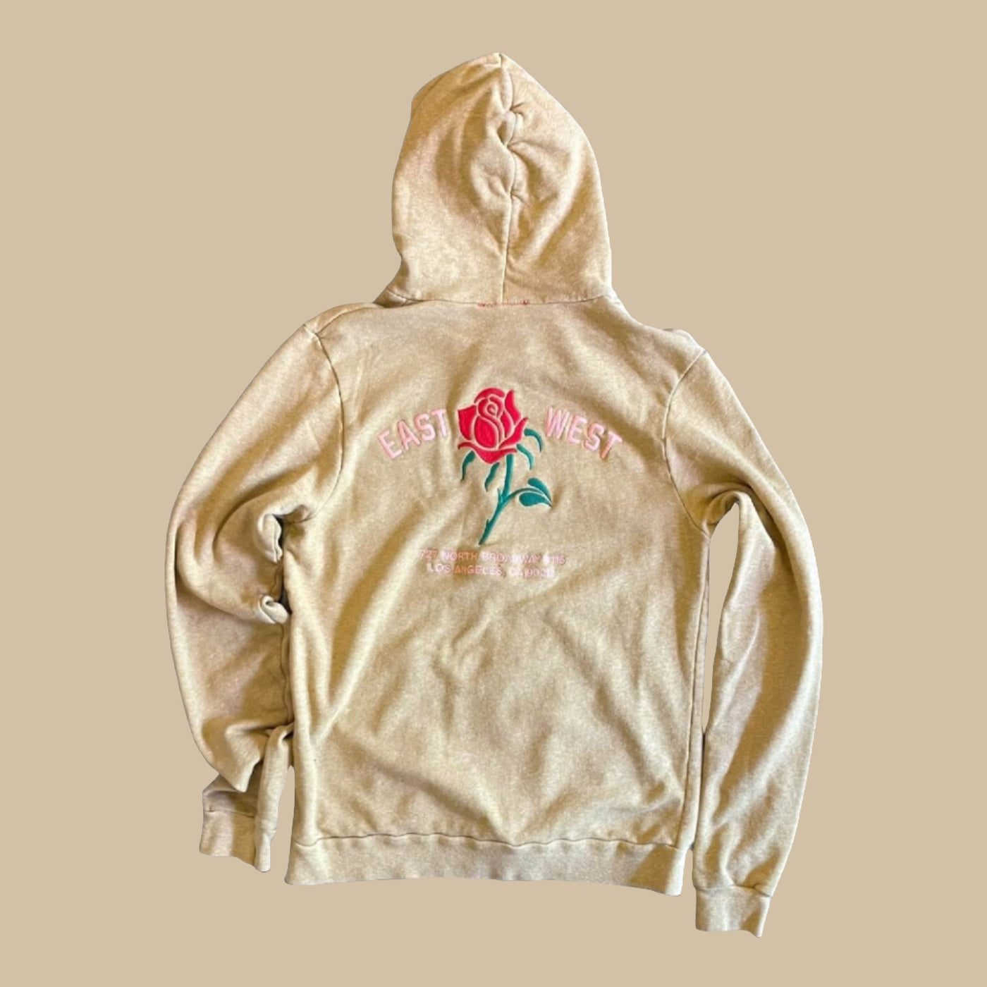 Vintage Sweatshirt Hoodie.  Embroidered with Rose and reads “East West 727 N. Broadway #115, Los Angeles, CA 90012”