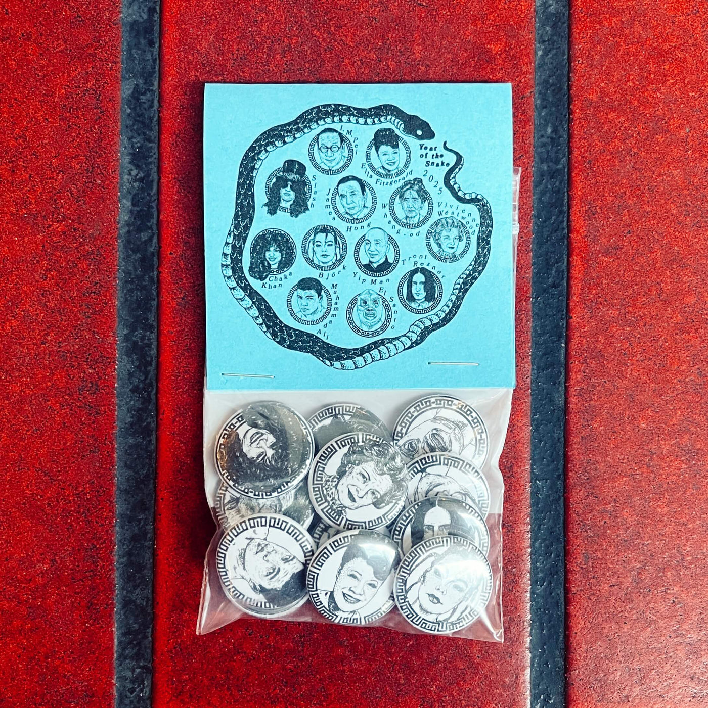 Pack of 12 pins in a plastic bag with a cardboard header with their names and Year of the Snake 2025